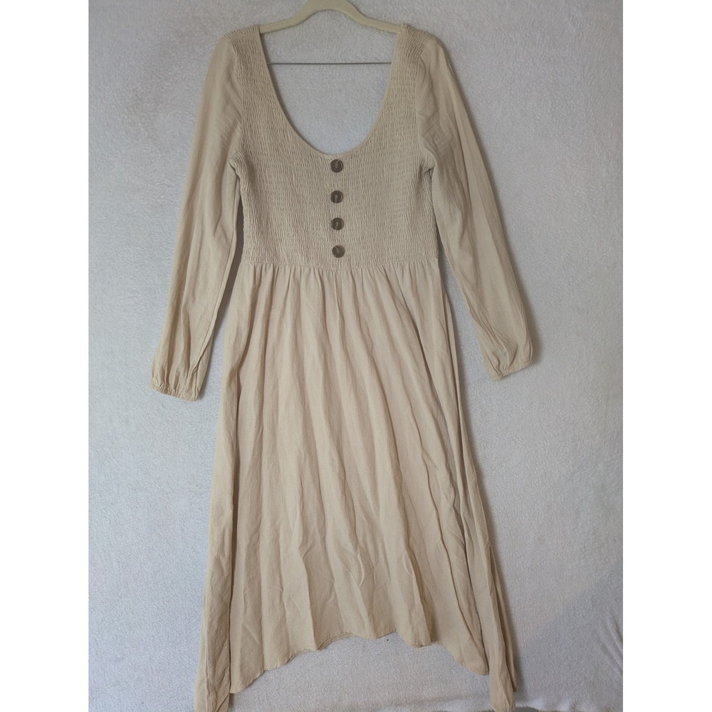 Simplee Midi Dress Women's Size L Beige Smocked Scoop Neck Long Sleeve Buttons